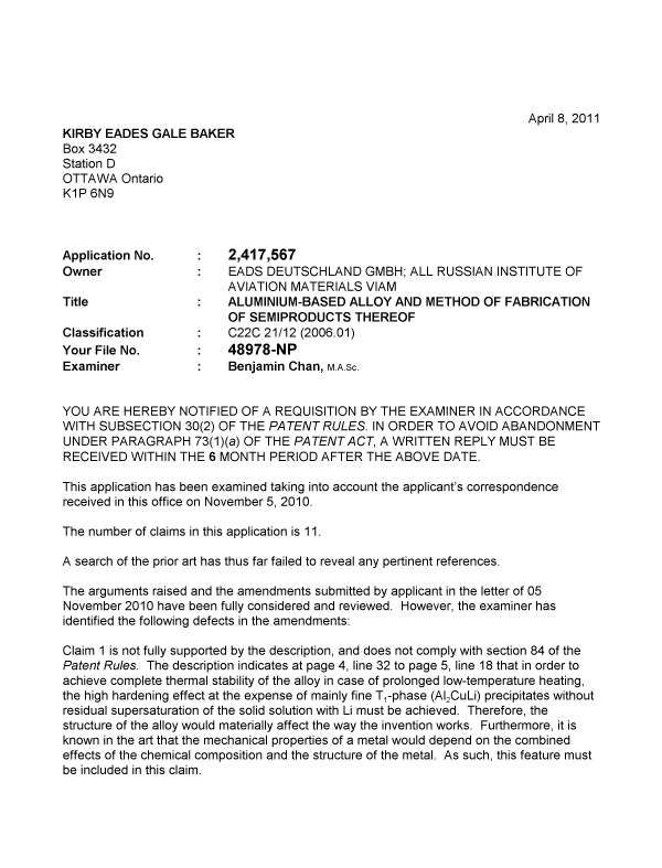 Canadian Patent Document 2417567. Prosecution-Amendment 20110408. Image 1 of 2