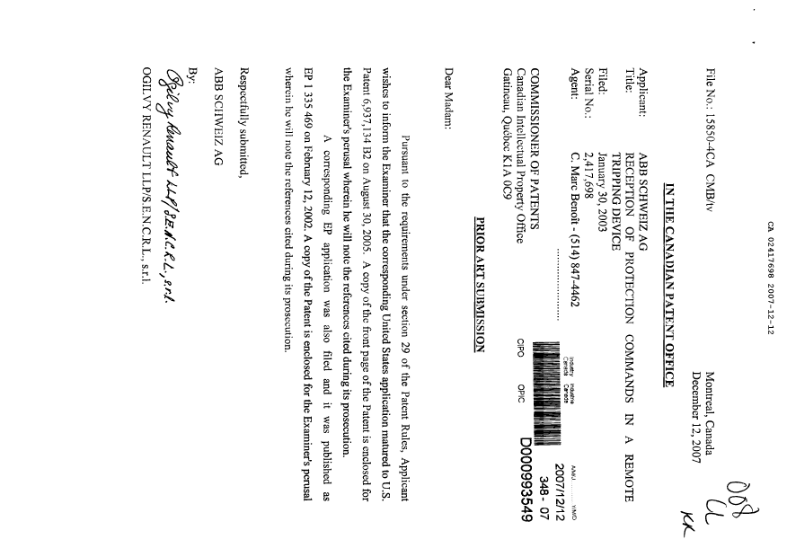 Canadian Patent Document 2417698. Prosecution-Amendment 20071212. Image 1 of 1