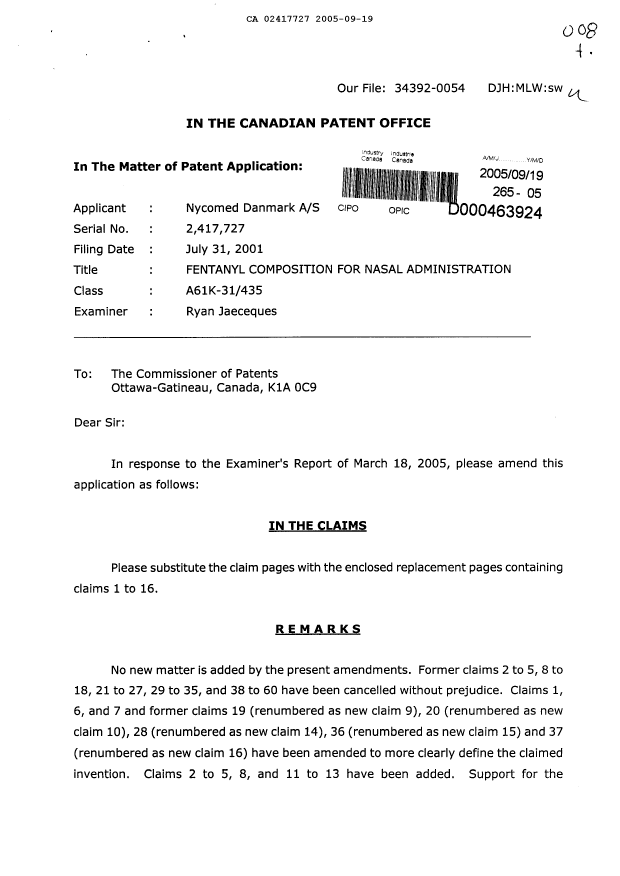 Document de brevet canadien 2417727. Poursuite-Amendment 20050919. Image 1 de 15