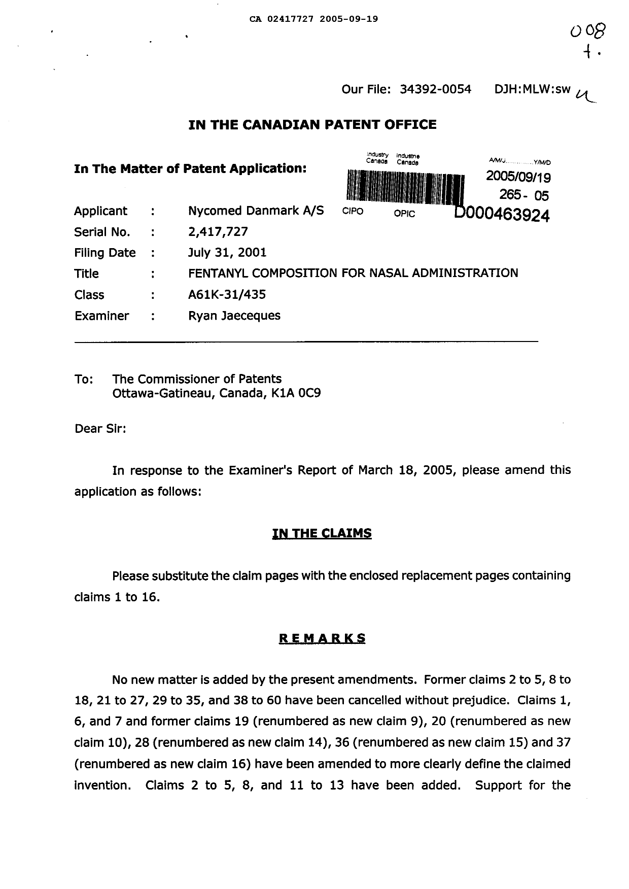 Canadian Patent Document 2417727. Prosecution-Amendment 20050919. Image 1 of 15