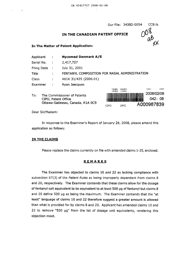 Document de brevet canadien 2417727. Poursuite-Amendment 20080208. Image 1 de 6