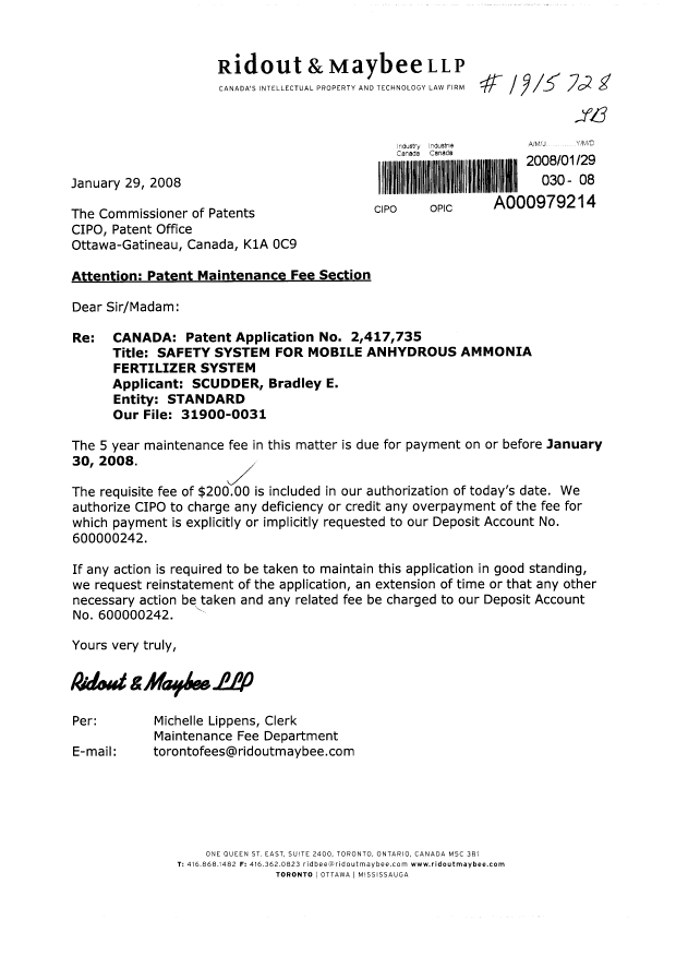 Canadian Patent Document 2417735. Fees 20080129. Image 1 of 1