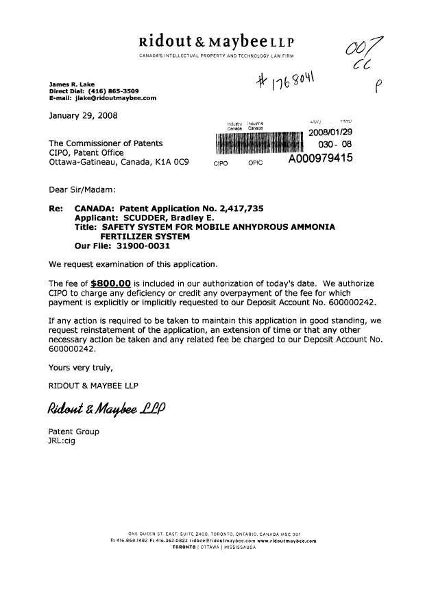 Document de brevet canadien 2417735. Poursuite-Amendment 20080129. Image 1 de 1