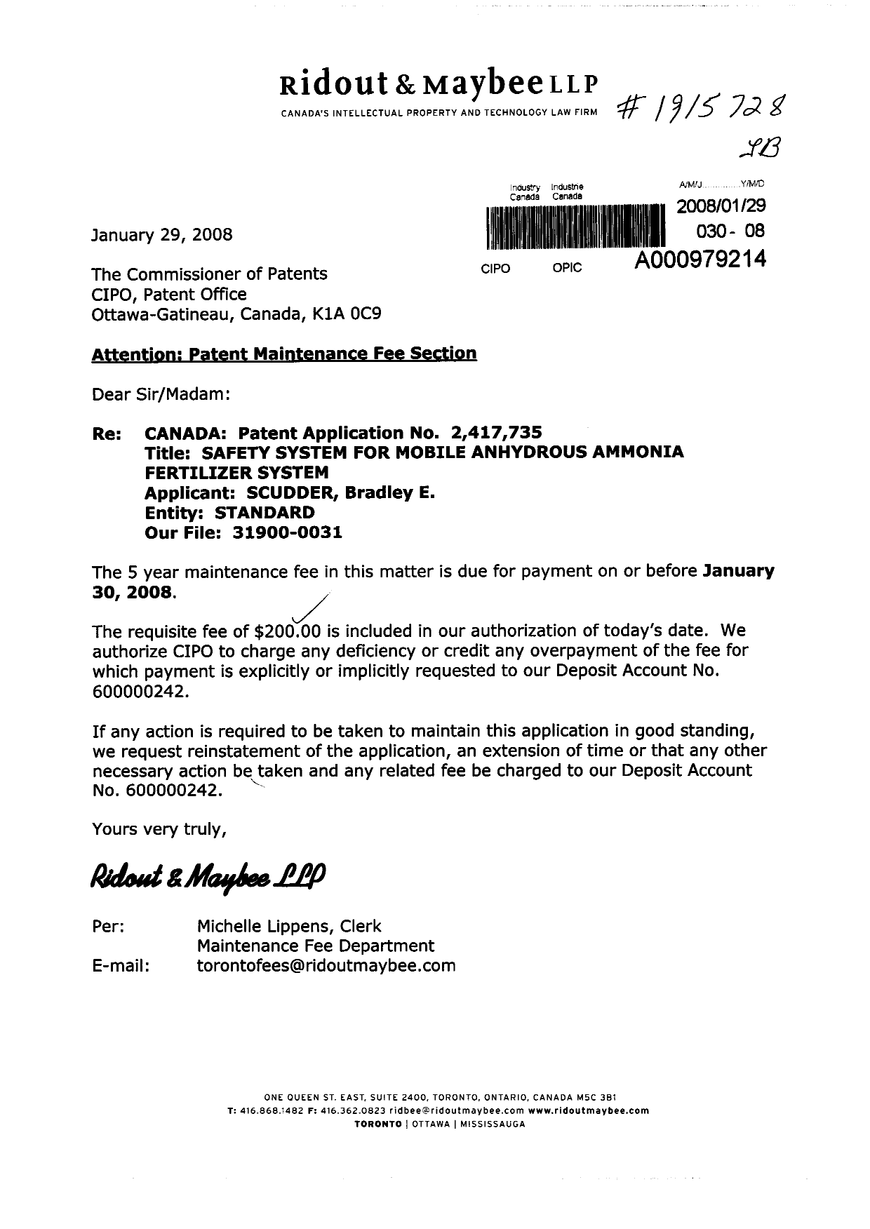 Canadian Patent Document 2417735. Fees 20080129. Image 1 of 1