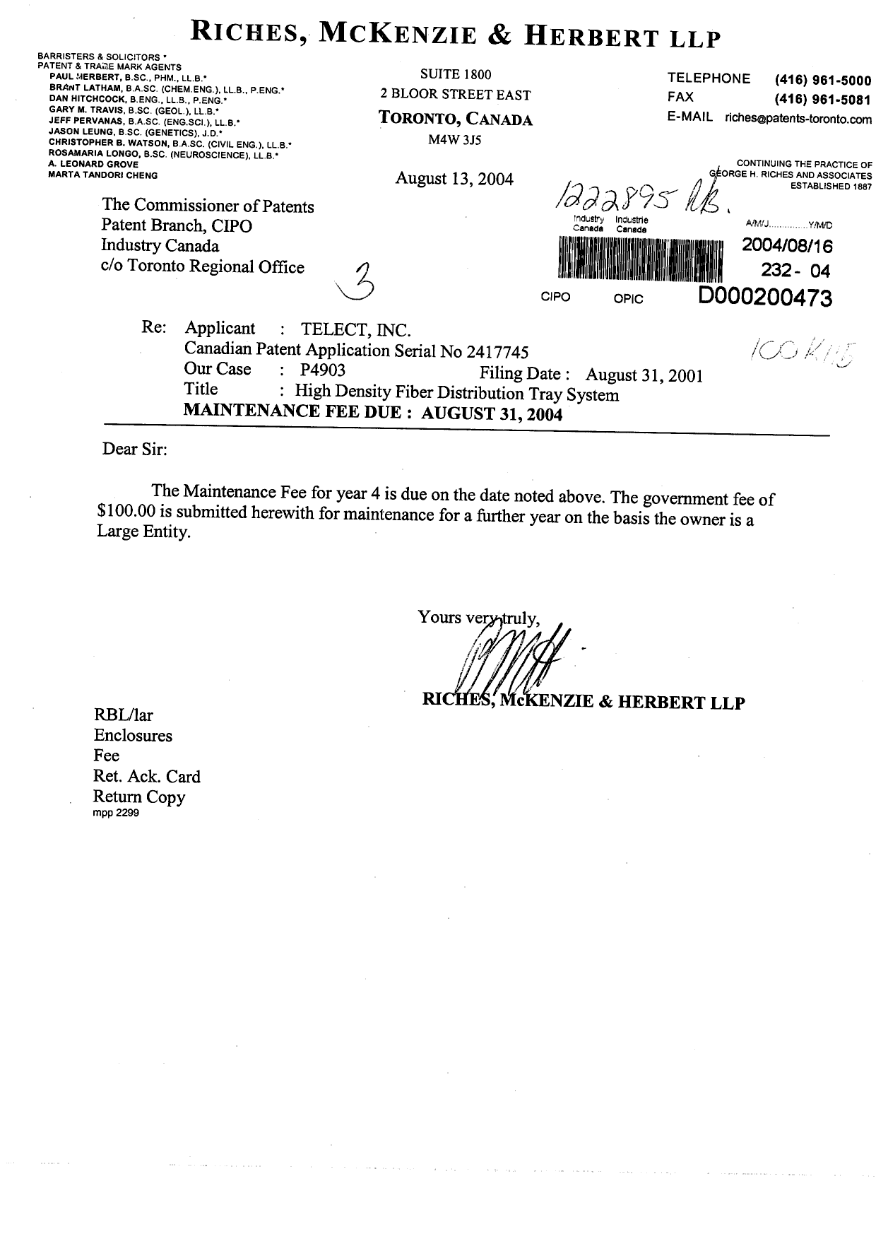 Canadian Patent Document 2417745. Fees 20040816. Image 1 of 1