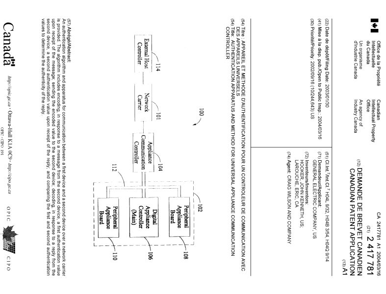 Canadian Patent Document 2417781. Cover Page 20040217. Image 1 of 1