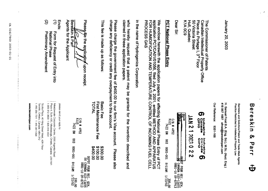 Canadian Patent Document 2417869. Assignment 20030121. Image 1 of 3