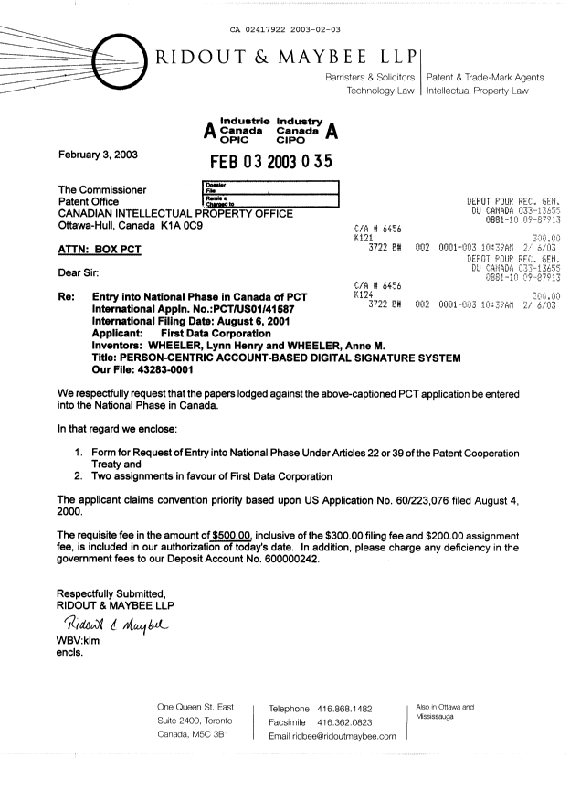 Document de brevet canadien 2417922. Cession 20030203. Image 1 de 13