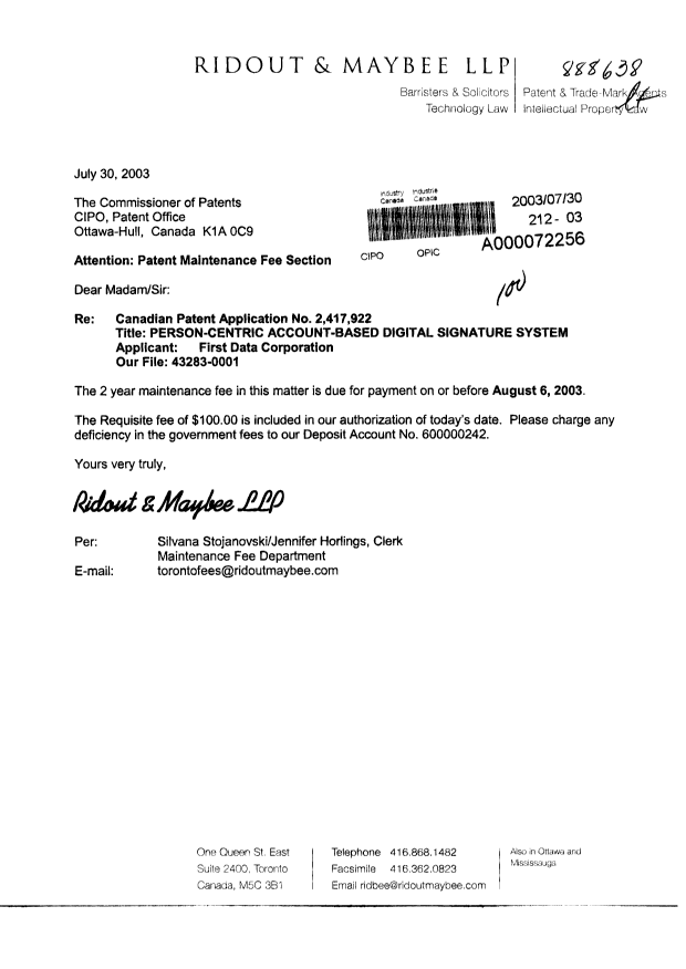 Document de brevet canadien 2417922. Taxes 20030730. Image 1 de 1
