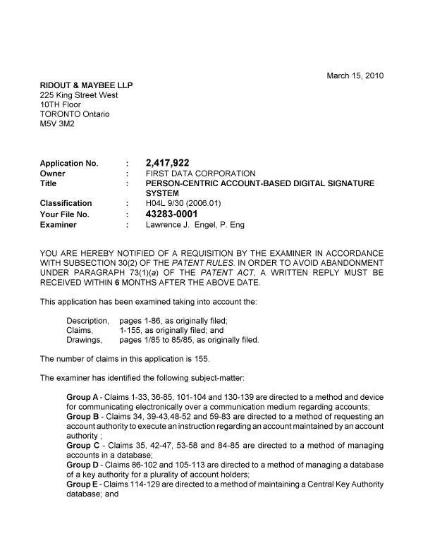 Document de brevet canadien 2417922. Poursuite-Amendment 20100315. Image 1 de 4