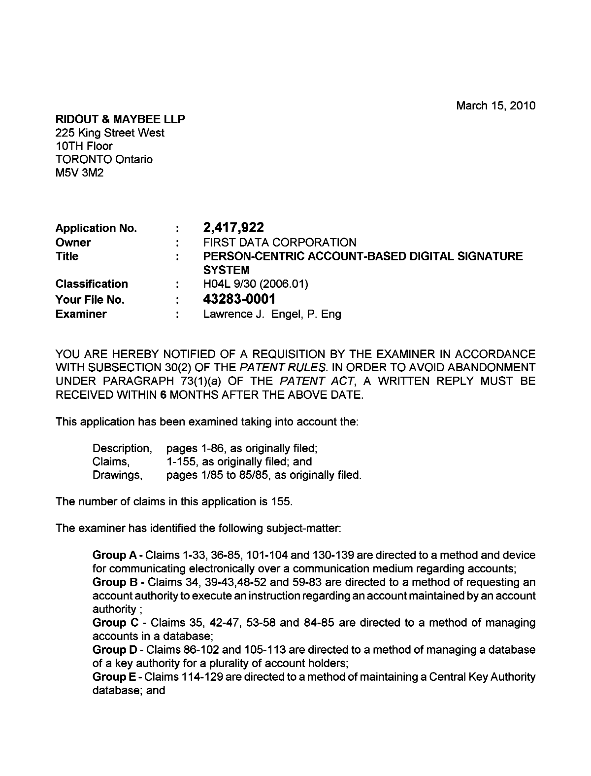 Canadian Patent Document 2417922. Prosecution-Amendment 20100315. Image 1 of 4