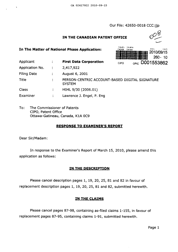 Document de brevet canadien 2417922. Poursuite-Amendment 20100915. Image 1 de 19