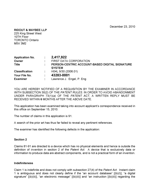 Document de brevet canadien 2417922. Poursuite-Amendment 20101223. Image 1 de 2