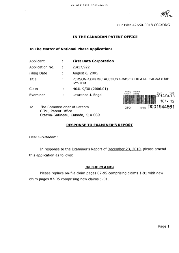 Document de brevet canadien 2417922. Poursuite-Amendment 20120413. Image 1 de 13