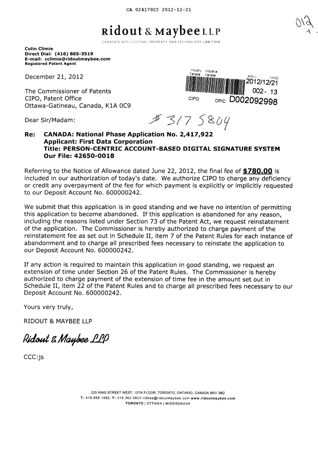 Document de brevet canadien 2417922. Correspondance 20121221. Image 1 de 1