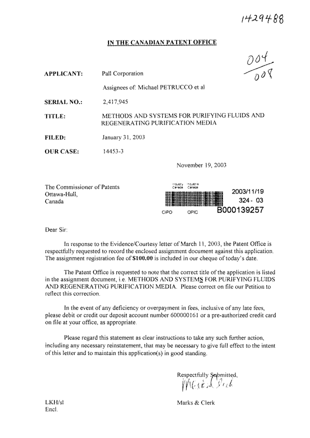 Document de brevet canadien 2417945. Cession 20031119. Image 1 de 6