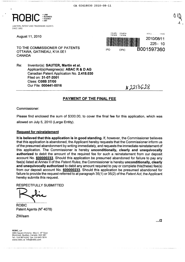 Document de brevet canadien 2418030. Correspondance 20100811. Image 1 de 2