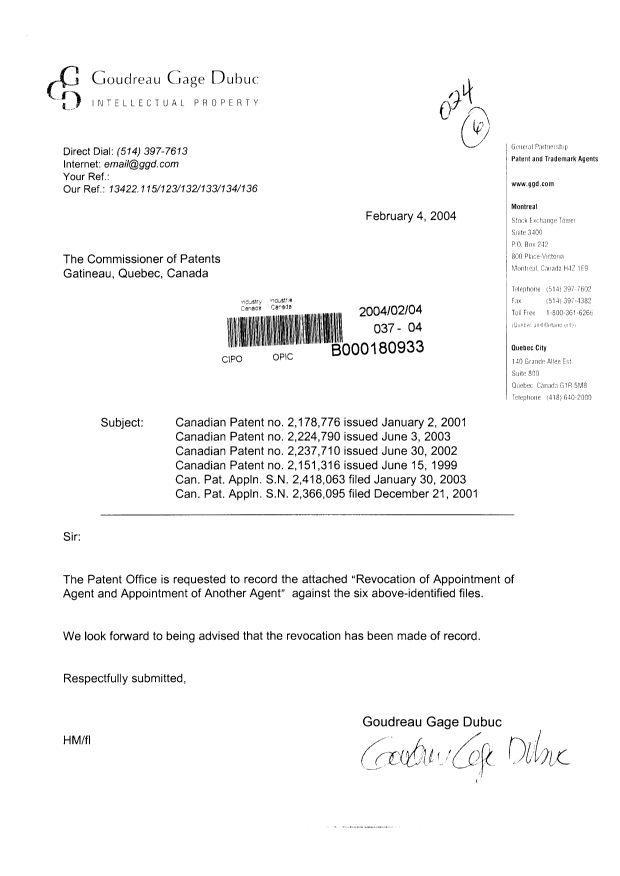 Document de brevet canadien 2418063. Correspondance 20040204. Image 1 de 2