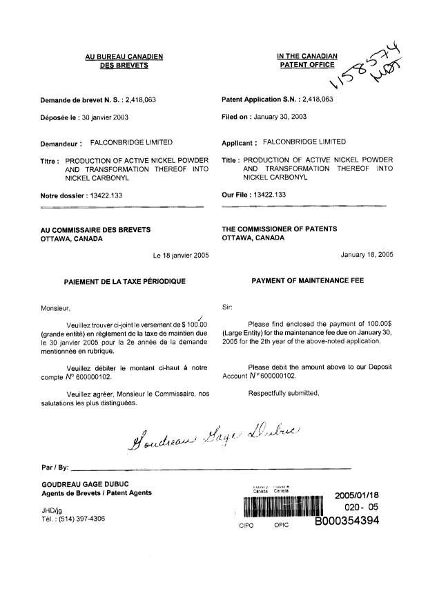 Document de brevet canadien 2418063. Taxes 20050118. Image 1 de 1