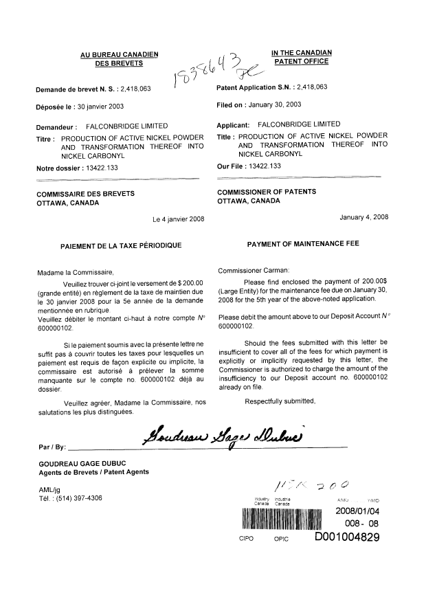 Document de brevet canadien 2418063. Taxes 20080104. Image 1 de 1