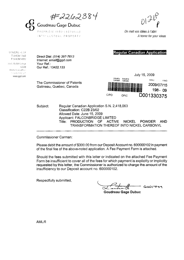Document de brevet canadien 2418063. Correspondance 20090715. Image 1 de 1