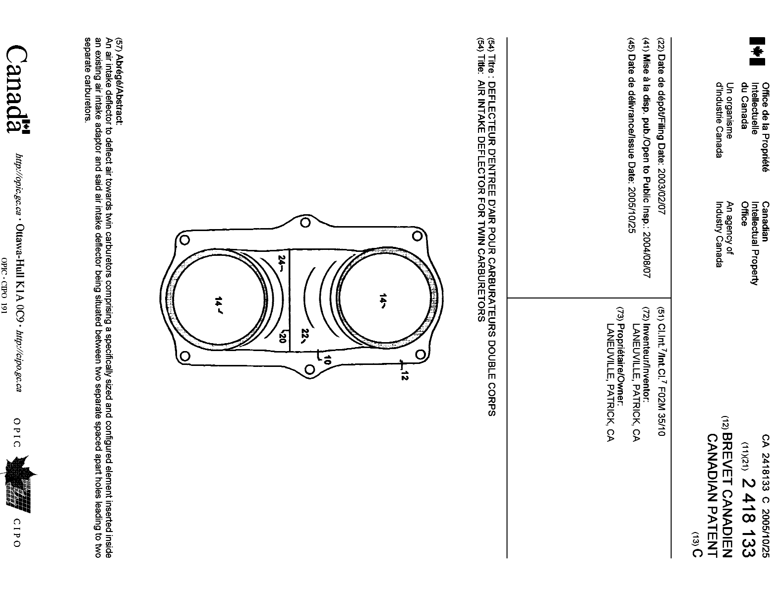 Document de brevet canadien 2418133. Page couverture 20041206. Image 1 de 1