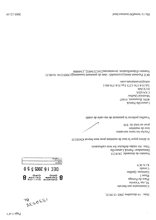 Document de brevet canadien 2418133. Taxes 20041216. Image 1 de 1
