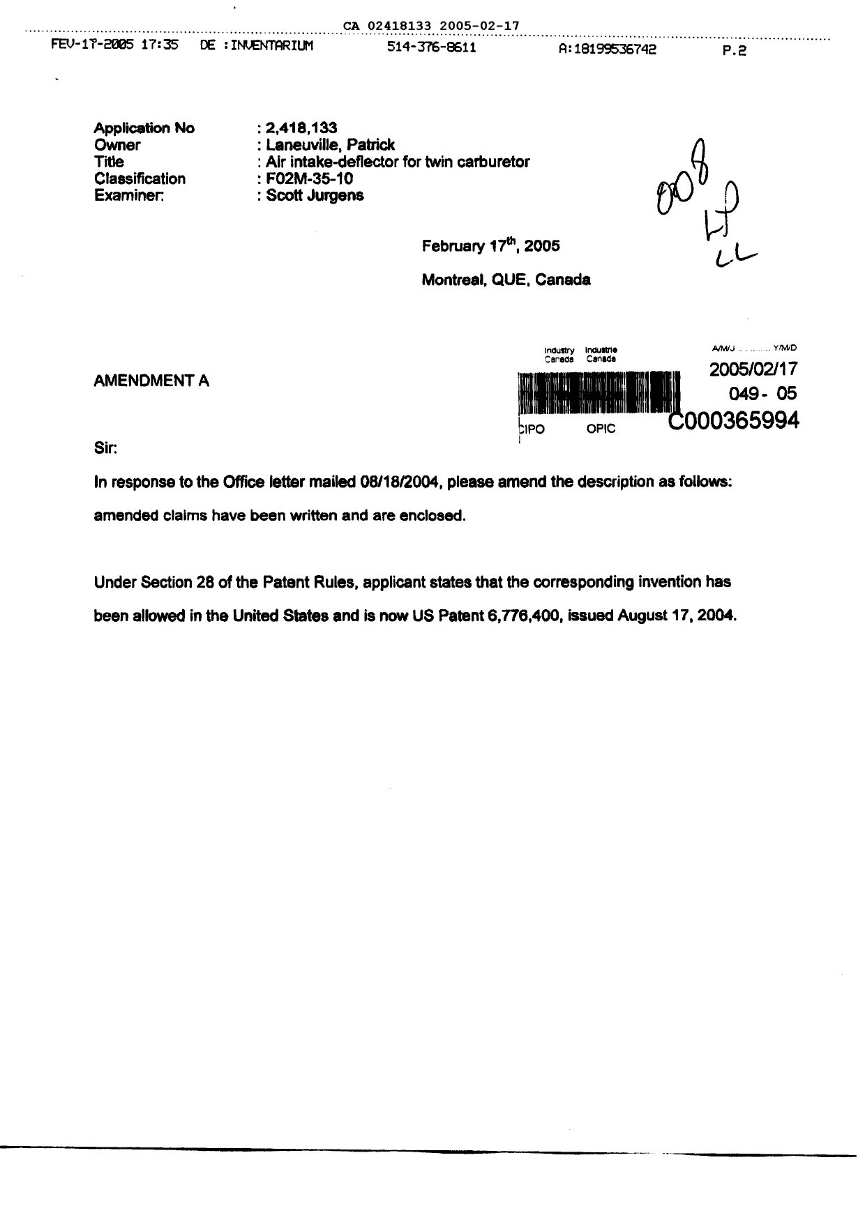 Canadian Patent Document 2418133. Prosecution-Amendment 20041217. Image 1 of 9