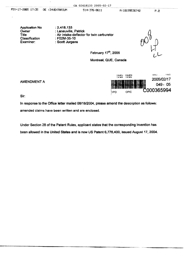 Document de brevet canadien 2418133. Poursuite-Amendment 20050217. Image 1 de 9