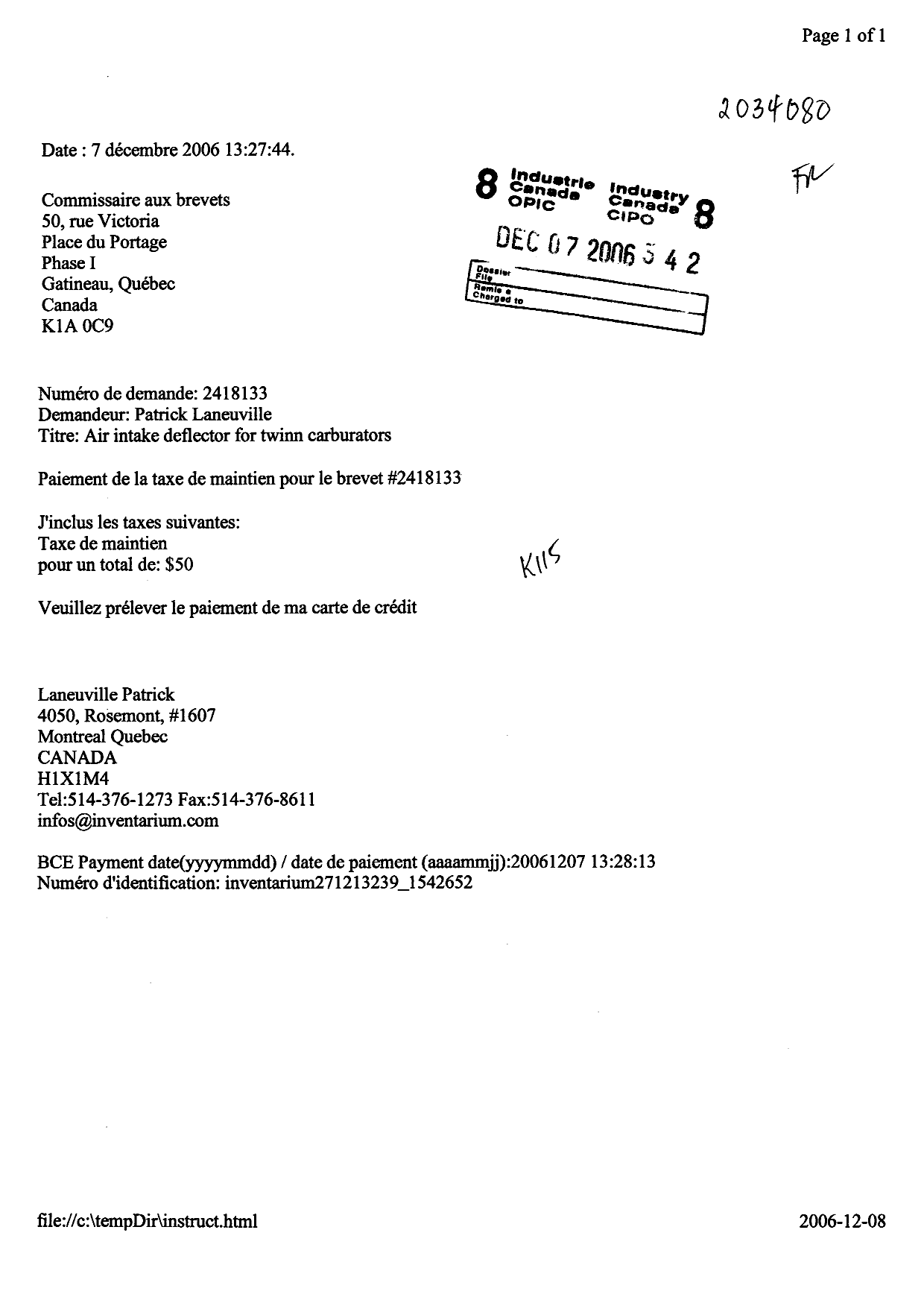Document de brevet canadien 2418133. Taxes 20051207. Image 1 de 1
