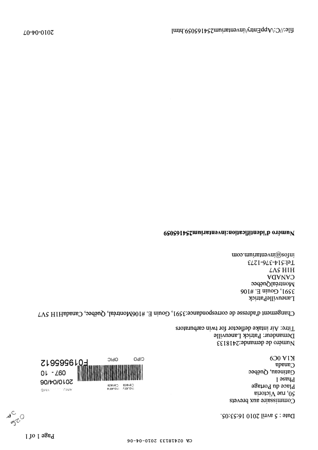 Document de brevet canadien 2418133. Correspondance 20091206. Image 1 de 1