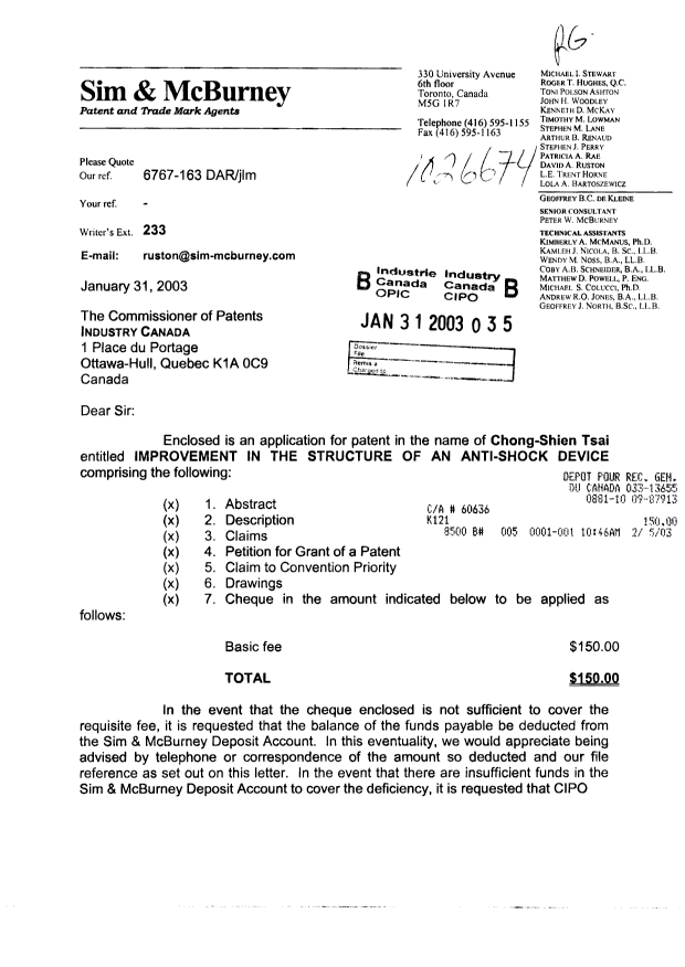 Document de brevet canadien 2418150. Cession 20030131. Image 1 de 4