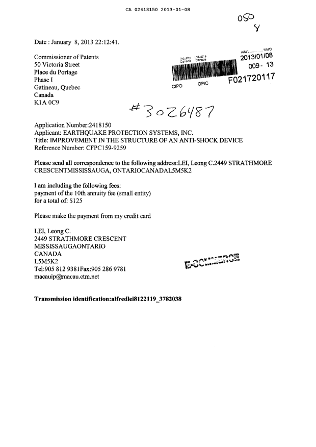 Document de brevet canadien 2418150. Taxes 20130108. Image 1 de 1