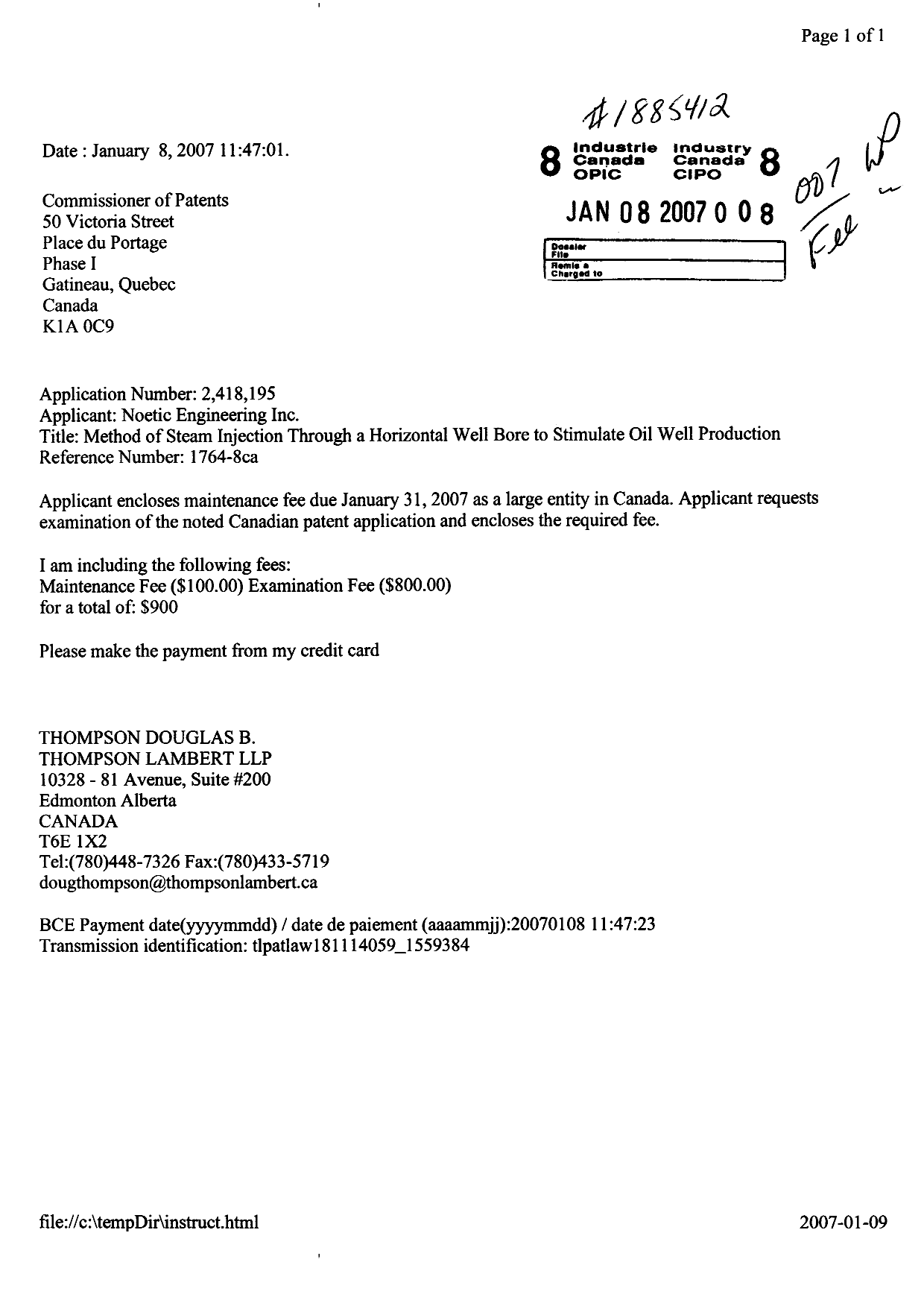 Canadian Patent Document 2418195. Prosecution-Amendment 20070108. Image 1 of 1