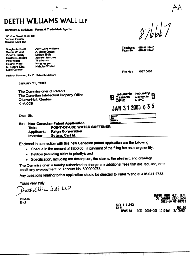 Document de brevet canadien 2418202. Cession 20030131. Image 1 de 3
