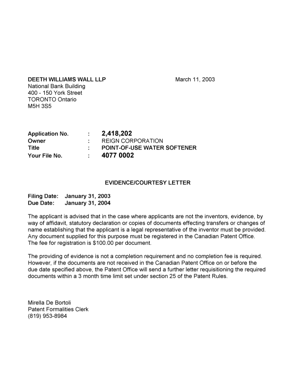 Document de brevet canadien 2418202. Correspondance 20030305. Image 1 de 1