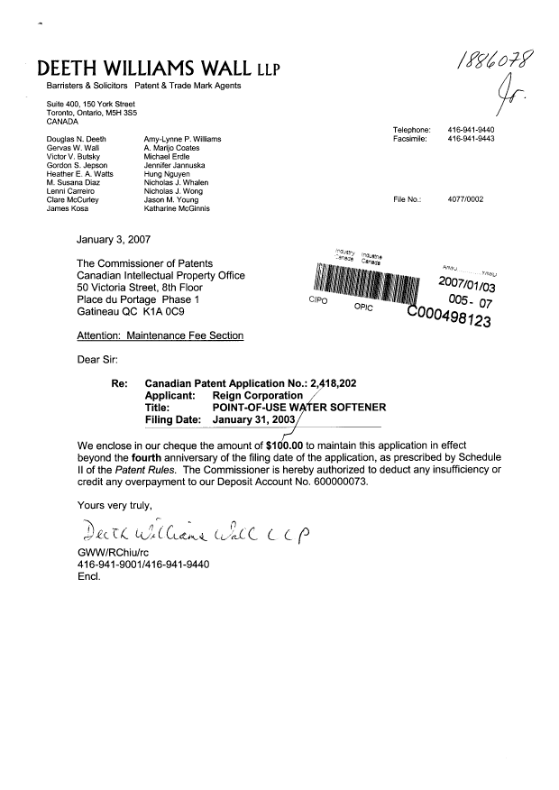 Document de brevet canadien 2418202. Taxes 20070103. Image 1 de 1
