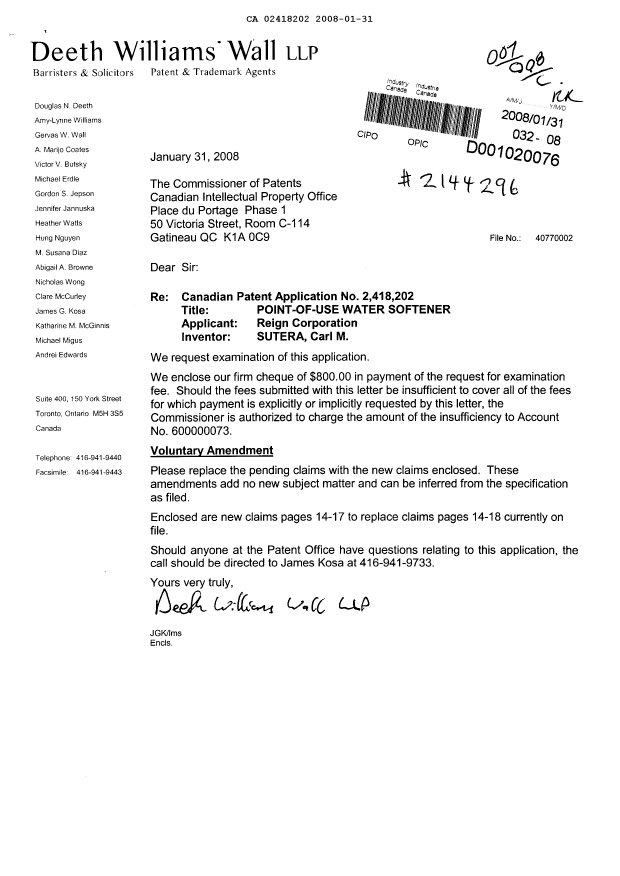 Document de brevet canadien 2418202. Poursuite-Amendment 20080131. Image 1 de 5