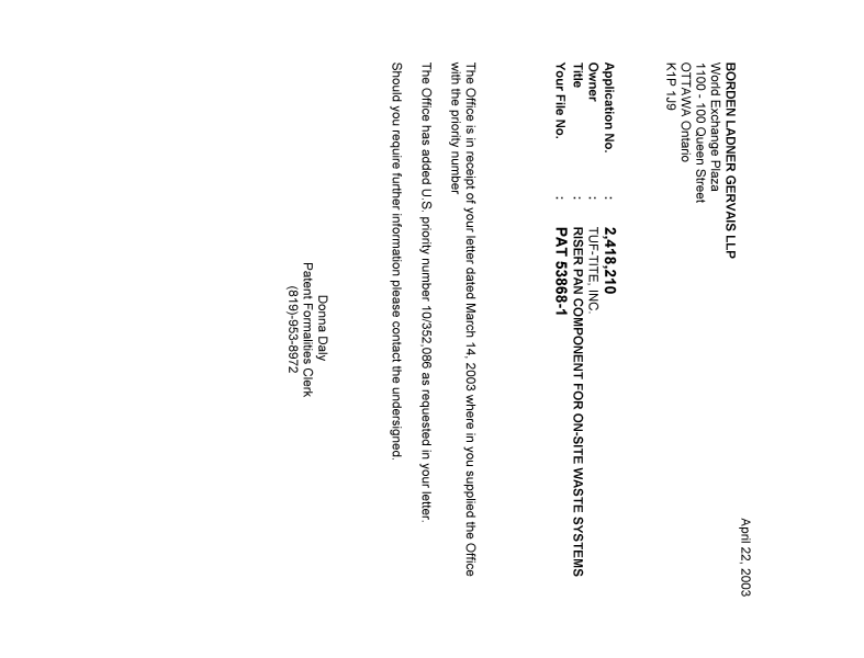 Canadian Patent Document 2418210. Correspondence 20030416. Image 1 of 1