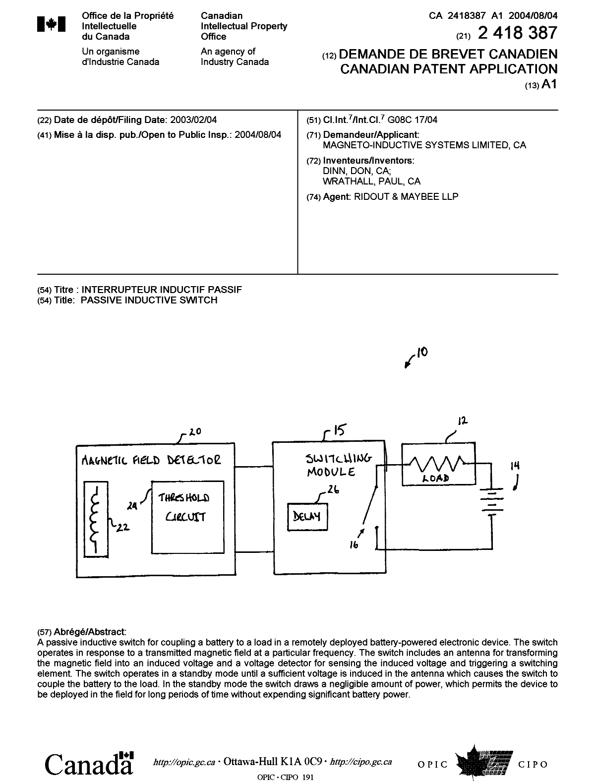 Canadian Patent Document 2418387. Cover Page 20040709. Image 1 of 1