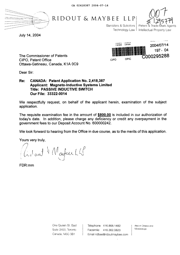 Document de brevet canadien 2418387. Poursuite-Amendment 20040714. Image 1 de 1