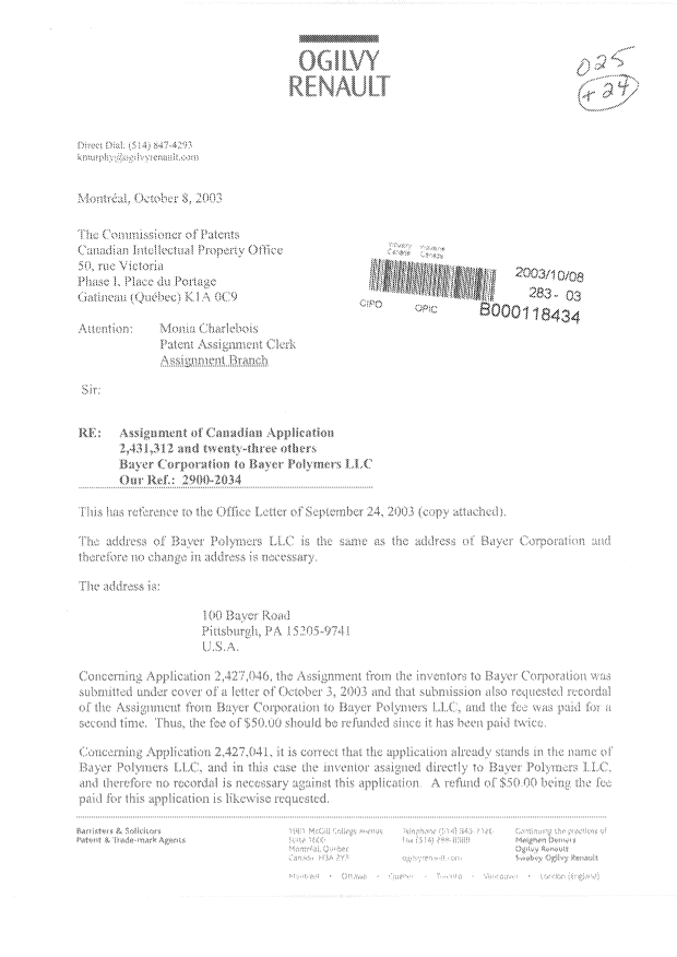 Document de brevet canadien 2418433. Cession 20031008. Image 1 de 4
