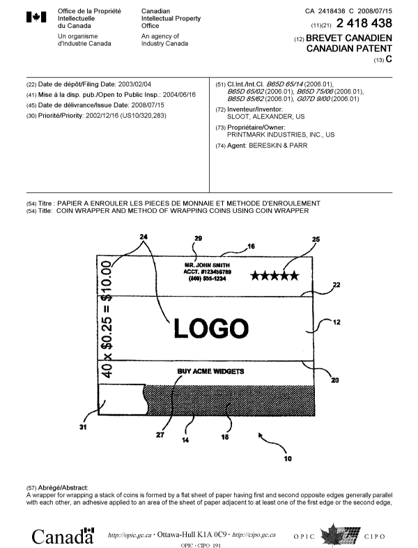 Document de brevet canadien 2418438. Page couverture 20080617. Image 1 de 2