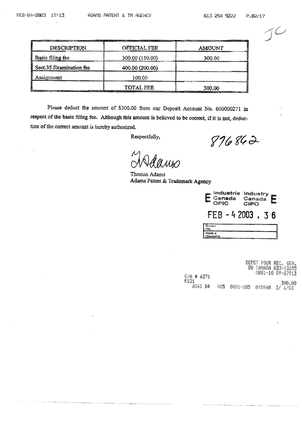 Document de brevet canadien 2418467. Cession 20030204. Image 1 de 4