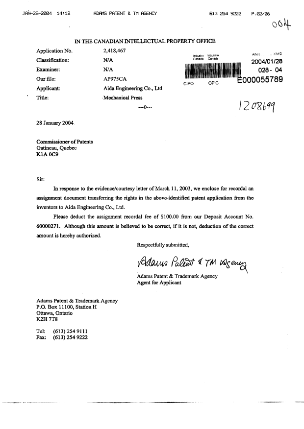 Document de brevet canadien 2418467. Cession 20040128. Image 1 de 6