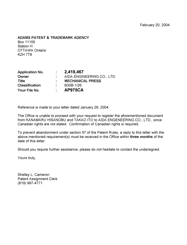Document de brevet canadien 2418467. Correspondance 20040220. Image 1 de 1