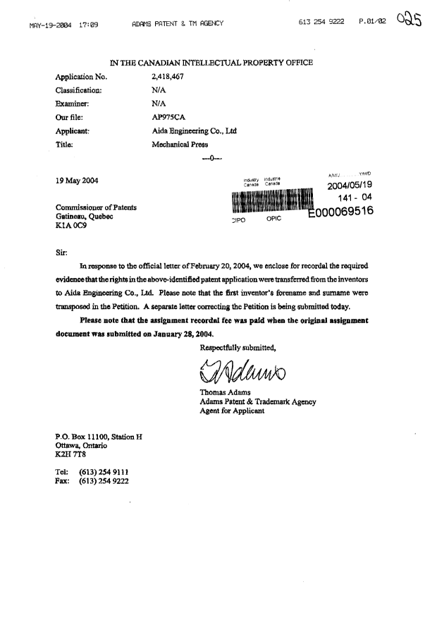 Document de brevet canadien 2418467. Cession 20040519. Image 1 de 2