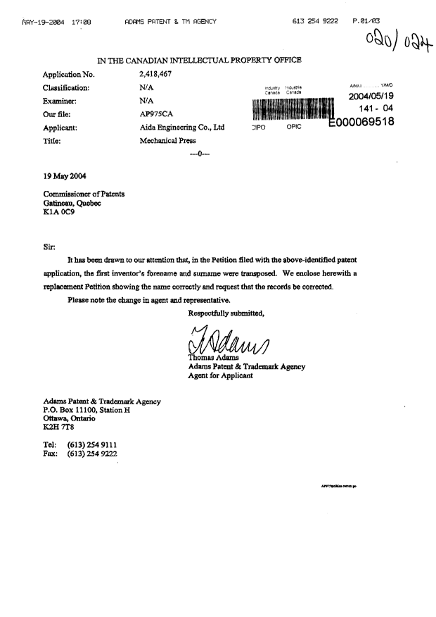 Document de brevet canadien 2418467. Correspondance 20040519. Image 1 de 3