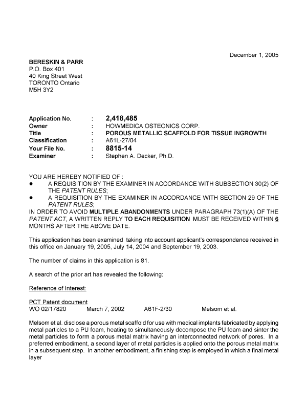 Canadian Patent Document 2418485. Prosecution-Amendment 20051201. Image 1 of 4