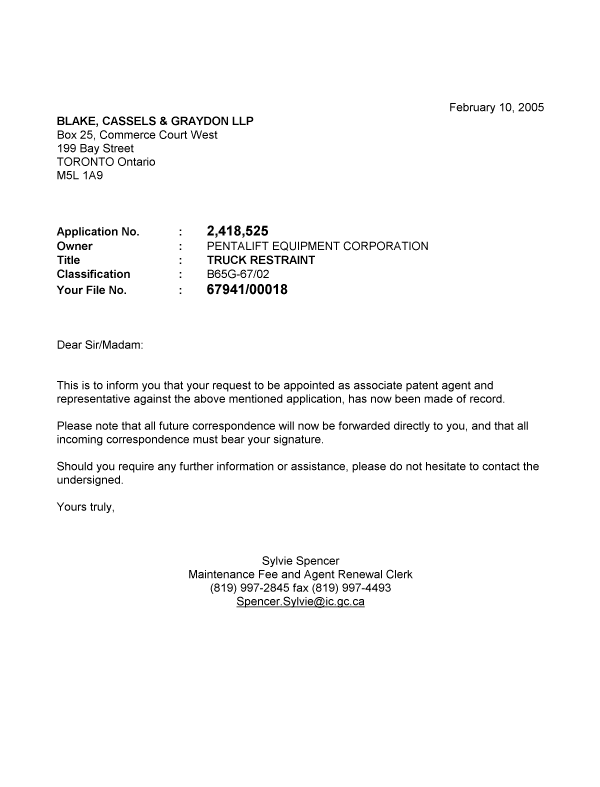 Canadian Patent Document 2418525. Correspondence 20050210. Image 1 of 1